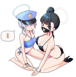 Rule 34 | 28 (282teeth), 2girls, absurdres, bandeau, bare legs, bikini, black bikini, black hair, black mask, blue archive, blue bandeau, blue bikini, blue hair, blunt bangs, breasts, cleavage, collarbone, hair over eyes, halo, halterneck, hat, high heels, highres, large breasts, light blue hair, looking at viewer, mask, mouth mask, multiple girls, peaked cap, shared handcuffs, side ponytail, simple background, small breasts, speech bubble, string bikini, sukeban (smg) (blue archive), swimsuit, twintails, valkyrie police academy student (blue archive), white background, x