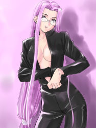 Rule 34 | 00s, 1girl, biker clothes, bikesuit, bodysuit, breasts, cleavage, fate/stay night, fate (series), glasses, leather, long hair, low-tied long hair, lowres, medusa (fate), medusa (rider) (fate), pantyhose, solo, square pupils, very long hair, zipper