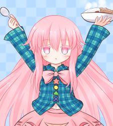 Rule 34 | 1girl, bow, bowtie, circle, curry, curry rice, expressionless, food, hata no kokoro, long hair, mofu mofu, no mask, no panties, out-of-frame censoring, pink eyes, pink hair, plaid, plaid shirt, rice, shirt, skirt, spoon, square, star (symbol), touhou, triangle