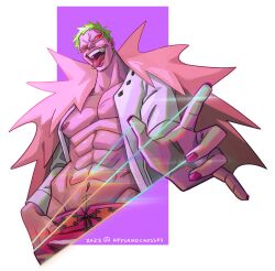Rule 34 | 1boy, abs, bare pectorals, blonde hair, coat, donquixote doflamingo, evil smile, feather coat, foreshortening, from below, groin, highres, keysandcrosses, male focus, muscular, muscular male, navel, one piece, open clothes, open mouth, open shirt, pectorals, pink nails, shirt, short hair, smile, solo, sparse navel hair, string, sunglasses, tongue, tongue out