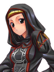 Rule 34 | 00s, 1girl, black mage (final fantasy), blush, brown eyes, cloak, final fantasy, final fantasy xi, hood, hooded cloak, hume, long sleeves, looking at viewer, simple background, solo, tori, tori (torinchi), upper body, white background