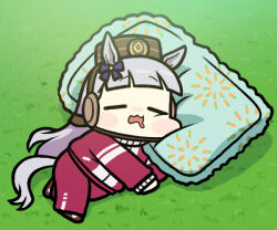 Rule 34 | 1girl, animal ears, blunt bangs, bow, commentary, derivative work, drooling, ear bow, gold ship (umamusume), grey hair, horse ears, horse girl, horse tail, jacket, jazz jack, long hair, lying, mouth drool, on side, pants, pillbox hat, pillow, purple bow, red jacket, red pants, red track suit, screenshot redraw, sleeping, solo, tail, tracen training uniform, track jacket, track pants, umamusume, umamusume (anime), yogibo