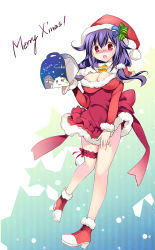 Rule 34 | 10s, 1girl, alternate costume, blush, breasts, cleavage, failure penguin, full body, hair ornament, hat, kantai collection, large breasts, long hair, looking at viewer, low twintails, miss cloud, no panties, purple hair, red eyes, rei (rei&#039;s room), revision, santa costume, santa hat, shoes, simple background, sneakers, solo, taigei (kancolle), twintails, whale hair ornament, white background