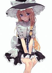 Rule 34 | 1girl, asuzemu, between legs, black dress, blue eyes, bow, braid, capelet, closed mouth, dress, embellished costume, feet out of frame, hair between eyes, hair tie, hand between legs, hat, hat bow, highres, invisible chair, kirisame marisa, large bow, long hair, looking at viewer, ribbon-trimmed sleeves, ribbon trim, short sleeves, side braid, sitting, smile, solo, touhou, v arms, very long hair, white background, white bow, white capelet, witch hat