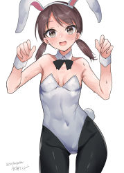 Rule 34 | 1girl, animal ears, black bow, black bowtie, black pantyhose, bow, bowtie, brown eyes, brown hair, commentary request, covered navel, cowboy shot, detached collar, highres, kantai collection, leotard, looking at viewer, low twintails, medium hair, mizuta kenji, one-hour drawing challenge, pantyhose, parted bangs, playboy bunny, rabbit ears, rabbit tail, shirayuki (kancolle), short twintails, simple background, solo, standing, strapless, strapless leotard, sweat, nervous sweating, tail, twintails, white background, white leotard, wrist cuffs