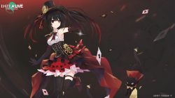 Rule 34 | 1girl, bare shoulders, black cat, black dress, black gloves, black hair, black legwear, card, cat, closed mouth, date a live, date a live: spirit pledge, dress, elbow gloves, gloves, hat, heterochromia, long hair, looking at viewer, official art, red dress, red eyes, smile, solo, tokisaki kurumi, top hat, yellow eyes
