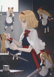 Rule 34 | 1girl, alice margatroid, blonde hair, blue dress, blue eyes, bow, bowtie, breasts, closed mouth, doll, dress, hair bow, hairband, highres, holding, holding doll, holding sword, holding weapon, long hair, looking away, medium hair, red bow, red bowtie, red hairband, scenery, shanghai doll, short sleeves, small breasts, solo, standing, sword, thomas 8000, touhou, weapon, window