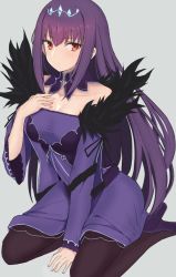 Rule 34 | 1girl, bare shoulders, between legs, blush, breasts, brown pantyhose, cleavage, closed mouth, commentary request, detached collar, dress, fate/grand order, fate (series), feather trim, grey background, hair between eyes, hand between legs, hand on own chest, hand up, headpiece, high heels, hinomaru (futagun), large breasts, long hair, long sleeves, looking at viewer, medium breasts, pantyhose, purple dress, purple footwear, purple hair, purple pantyhose, red eyes, scathach (fate), scathach skadi (fate), shoes, simple background, sitting, solo, very long hair, wariza, wide sleeves
