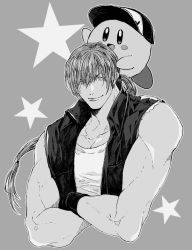 Rule 34 | 1boy, 1other, borrowed clothes, cropped torso, crossed arms, fatal fury, fatal fury cap, greyscale, highres, jacket, kirby, kirby (series), long hair, male focus, monochrome, nintendo, osakana e, ponytail, sleeveless, star (symbol), terry bogard, upper body
