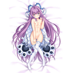 Rule 34 | 1girl, animal hands, azur lane, blanket, blue eyes, blush, breasts, cleft of venus, collarbone, commentary request, erspace, full body, hair ornament, long hair, navel, purple hair, pussy, small breasts, solo, sweat, tashkent (azur lane), thighhighs
