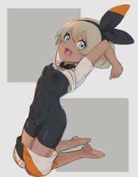 Rule 34 | 1girl, arms up, barefoot, bea (pokemon), black bodysuit, black hairband, blue eyes, bodysuit, bodysuit under clothes, bow hairband, breasts, clothes lift, clothes pull, collared shirt, covered navel, creatures (company), dark-skinned female, dark skin, full body, game freak, grey hair, gym leader, hairband, kneeling, nintendo, nyonn24, open mouth, pokemon, pokemon swsh, print shorts, shirt, shirt lift, short hair, shorts, shorts pull, small breasts, smile, solo