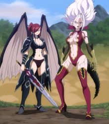Rule 34 | 2girls, armor, black eyes, blue eyes, boots, breasts, cleavage, cleavage cutout, clothing cutout, erza scarlet, fairy tail, large breasts, mirajane strauss, multiple girls, red hair, screencap, stitched, sword, tagme, tail, third-party edit, weapon
