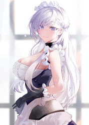 Rule 34 | 1girl, absurdres, azur lane, belfast (azur lane), blush, braid, breasts, cleavage, collar, commentary request, dress, eyelashes, from side, gloves, highres, large breasts, long hair, looking at viewer, maid, maid headdress, purple eyes, smile, solo, white gloves, white hair, yuki (asayuki101)