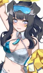 Rule 34 | absurdres, animal ears, black hair, blue archive, blue eyes, blunt bangs, breasts, character name, cheerleader, cleavage, criss-cross halter, detached collar, dog ears, dog girl, dog tail, goggles, goggles on head, halo, halterneck, hibiki (blue archive), hibiki (cheer squad) (blue archive), highres, long hair, looking away, looking to the side, medium breasts, midriff, millennium cheerleader outfit (blue archive), miniskirt, navel, open mouth, pom pom (cheerleading), purple eyes, simple background, skirt, tail, upper body, wakamepiza, white background
