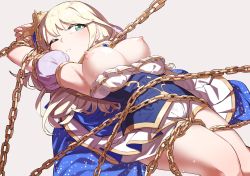 Rule 34 | 1girl, armpits, arms behind head, arms up, blonde hair, blue dress, bound, bound wrists, breasts, breasts out, bright pupils, chain, chained, chained wrists, clothes pull, collar, detached sleeves, dress, dress pull, earrings, feet out of frame, fingernails, frilled dress, frills, goe (g-o-e), gold chain, grey background, highres, jewelry, large breasts, layered dress, light blush, long hair, looking at viewer, lying, metal collar, nipples, official alternate costume, on back, one eye closed, restrained, short sleeves, shoujo kageki revue starlight, shoujo kageki revue starlight -re live-, simple background, solo, sweat, two-tone dress, wavy hair, white dress, white pupils, yumeoji shiori