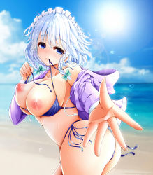 Rule 34 | 1girl, alternate breast size, alternate costume, ass, beach, bikini, blue bikini, blue eyes, braid, breasts, breasts out, cloud, collarbone, day, from behind, hair ribbon, hood, hooded jacket, izayoi sakuya, jacket, koza900, large breasts, light particles, light rays, maid headdress, mouth hold, nipples, ocean, open clothes, open jacket, outdoors, outstretched arm, reaching, reaching towards viewer, ribbon, short hair, side-tie bikini bottom, silver hair, skindentation, sky, solo, stomach, sun, sunlight, swimsuit, thighs, touhou, tress ribbon, twin braids, untied bikini, untying