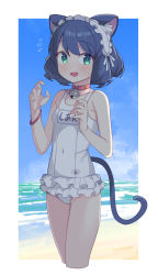 Rule 34 | 1girl, :d, animal ears, bare arms, bare shoulders, beach, bell, blue hair, breasts, cat ears, cat girl, cat tail, collar, covered navel, cowboy shot, cropped legs, cyan (show by rock!!), drill hair, fang, green eyes, highres, jingle bell, looking at viewer, name tag, neck bell, one-piece swimsuit, open mouth, saiste, short hair, show by rock!!, skin fang, small breasts, smile, solo, swimsuit, tail, white one-piece swimsuit