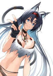 Rule 34 | &gt;:), 1girl, animal ears, arknights, belt, bikini, black choker, black hair, blaze (arknights), blue eyes, breasts, cat ears, cat tail, choker, cleavage, hair between eyes, hairband, highres, jewelry, long hair, looking at viewer, medium breasts, navel, necklace, nishitaka, official alternate costume, red hairband, simple background, solo, stomach, swimsuit, tail, upper body, v-shaped eyebrows, very long hair, white background, white bikini