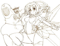 Rule 34 | 1girl, :d, blush, breasts, exelica, gomamiso (gomamiso sp), lineart, mecha musume, medium breasts, monochrome, open mouth, short hair, simple background, smile, solo, trigger heart exelica, uchuu senkan yamato, white background