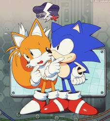 Rule 34 | 2boys, black eyes, cloud, commentary request, dark clouds, furry, furry male, gloves, hand on own face, highres, male focus, multiple boys, multiple tails, show chiku-by, sonic (series), sonic the hedgehog, sonic the hedgehog (classic), tail, tails (sonic), thought bubble, thunder, two tails, white gloves