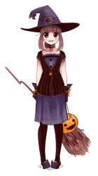Rule 34 | 1girl, :d, black pantyhose, black vest, boa (brianoa), broom, brown hair, choker, commentary, dress, full body, gloves, green eyes, hat, highres, holding, jack-o&#039;-lantern, looking at viewer, open mouth, orange ribbon, original, pantyhose, pigeon-toed, pointy footwear, ponytail, purple choker, purple dress, purple footwear, purple gloves, purple hat, ribbon, shoes, smile, solo, standing, symbol-only commentary, transparent background, vest, witch, witch hat