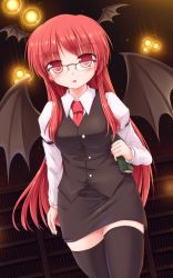 Rule 34 | 1girl, :o, bespectacled, black thighhighs, blush, book, bookshelf, demon wings, dress shirt, female focus, glasses, head wings, highres, holding, holding book, koakuma, long hair, long sleeves, looking at viewer, lzh, necktie, red eyes, red hair, red necktie, shirt, solo, thighhighs, touhou, wings, zettai ryouiki