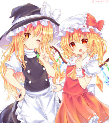 Rule 34 | 2girls, :d, ;), ascot, blonde hair, blush, clothes grab, cowboy shot, fang, flandre scarlet, flat chest, frilled shirt collar, frills, hand on own hip, hand up, hat, highres, index finger raised, kirisame marisa, long hair, looking at viewer, medium hair, mob cap, multiple girls, one eye closed, one side up, open mouth, puffy short sleeves, puffy sleeves, ramudia (lamyun), red eyes, red skirt, red vest, short sleeves, simple background, skin fang, skirt, skirt set, smile, touhou, turtleneck, v, very long hair, vest, white background, witch hat, yellow ascot, yellow eyes