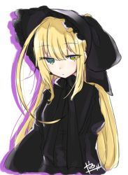 Rule 34 | 1girl, abe suke, ahoge, black hat, blonde hair, closed mouth, commentary request, green eyes, hair between eyes, hat, long hair, looking at viewer, original, sidelocks, signature, simple background, solo, upper body, white background
