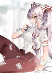 Rule 34 | 1girl, arm rest, arm up, blush, breasts, buttons, cigarette, cigarette pack, collarbone, collared shirt, commentary request, fingernails, fujiwara no mokou, highres, hiiro60, holding, holding cigarette, large breasts, long hair, looking at viewer, ofuda, ofuda on clothes, open mouth, pants, pocket, ponytail, red eyes, red pants, shirt, sidelocks, sideways glance, silver hair, sitting, smoking, solo, torn clothes, torn sleeves, touhou, two-tone bow, white shirt, wing collar, wrist cuffs