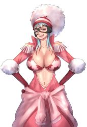 Rule 34 | 1girl, absurdres, blue eyes, blue hair, blush, breasts, cleavage, clothes around waist, epaulettes, facing viewer, fur trim, gloves, hand on own hip, hat, head tilt, highres, jumpsuit, large breasts, long hair, mask, navel, one piece, open jumpsuit, open mouth, pointy nose, porche (one piece), quanero, simple background, sketch, smile, solo