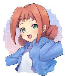 Rule 34 | 1girl, ally (puyopuyo), breasts, character request, green eyes, heart, heart-shaped pupils, jacket, looking at viewer, medium hair, murata tefu, open mouth, smile, solo, symbol-shaped pupils