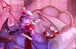 Rule 34 | 1girl, absurdres, ankle bow, ankle ribbon, back bow, bat wings, bow, bowtie, brooch, chinese commentary, closed mouth, commentary request, couch, cup, dress, frilled dress, frills, full body, gloves, hair between eyes, hat, hat ribbon, highres, holding, holding cup, indoors, jewelry, jiege, knees up, leg ribbon, looking at viewer, lying, mary janes, mob cap, off-shoulder dress, off shoulder, on back, on couch, pillow, pink dress, pink hat, purple hair, reclining, red bow, red bowtie, red eyes, red footwear, red ribbon, remilia scarlet, ribbon, shoes, short hair, short sleeves, slit pupils, solo, spear the gungnir, spilling, table, teacup, teapot, touhou, white gloves, window, wings