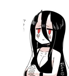 Rule 34 | 10s, 1girl, abyssal ship, battleship princess, black hair, breasts, cleavage, collarbone, commentary request, horns, kantai collection, long hair, red eyes, simple background, small breasts, solo, yuzuki gao