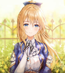 Rule 34 | 1girl, blonde hair, blue eyes, bridal gauntlets, bush, buttons, collared shirt, fence, hair between eyes, hair ribbon, hand on own chest, holding, jewelry, long hair, looking at viewer, lunacle, marica bellerose, mechanical hands, mole, mole under eye, myholo tv, necklace, outdoors, ponytail, ribbon, shirt, single mechanical hand, smile, solo, upper body, virtual youtuber, white shirt
