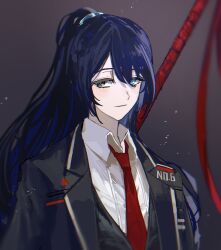 Rule 34 | 1boy, black coat, black vest, blue hair, choroi amachori, closed mouth, coat, collared shirt, half updo, highres, holding, holding weapon, hong lu (project moon), limbus company, long hair, looking at viewer, project moon, shirt, smile, solo, upper body, very long hair, vest, weapon, white shirt