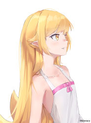 1girl absurdres bare_arms bare_shoulders blonde_hair closed_mouth collarbone dress fang flat_chest hair_flaps halterneck highres kinrucy long_hair looking_to_the_side monogatari_(series) oshino_shinobu pink_ribbon pointy_ears ribbon simple_background sleeveless sleeveless_dress solo twitter_username upper_body white_background white_dress yellow_eyes