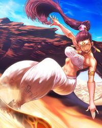 Rule 34 | &gt;:d, 1girl, :d, alternate hair color, arabian clothes, armlet, baggy pants, bandeau, bare shoulders, beads, blue sky, breasts, building, choker, dara, dark-skinned female, dark skin, day, desert, earrings, female focus, fingerless gloves, fingernails, floating hair, forehead jewel, gem, gerudo, gloves, hair ornament, harem outfit, humanization, jewelry, kodoku to sukoshi niteru, large breasts, lips, lipstick, long fingernails, long hair, looking down, magatama, makeup, midriff, motion blur, nabooru, nail polish, navel, necklace, nintendo, open mouth, outdoors, outstretched arms, outstretched hand, pants, pendant, pink gloves, pink nails, pointy footwear, ponytail, purple hair, ring, sand, shade, shoes, sky, smile, solo, spread arms, strapless, sunlight, surfboard, surfing, the legend of zelda, the legend of zelda: ocarina of time, toned, tube top, v-shaped eyebrows, very long hair, white pants, white tube top, yellow eyes
