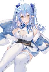 Rule 34 | 1girl, ahoge, belt, black corset, blouse, blue bow, blue bowtie, blue coat, blue hair, blue skirt, blush, boots, bow, bowtie, braid, breasts, brown belt, brown footwear, center frills, cleavage, cleavage cutout, clothing cutout, coat, corset, elf, flower, frilled shirt, frilled skirt, frilled thighhighs, frills, fuchi (0616tk), fur-trimmed boots, fur-trimmed coat, fur trim, hair between eyes, hair flower, hair ornament, hair ribbon, hand on own chest, heart, heart ahoge, high heel boots, high heels, highres, hololive, large breasts, leather belt, long hair, miniskirt, multicolored hair, no headwear, off shoulder, pleated skirt, pointy ears, ribbon, see-through, see-through skirt, shirt, sitting, skirt, sleeveless, sleeveless shirt, smile, snowflake hair ornament, snowflake print, solo, streaked hair, thighhighs, twintails, underbust, very long hair, virtual youtuber, white background, white shirt, white thighhighs, yellow eyes, yukihana lamy