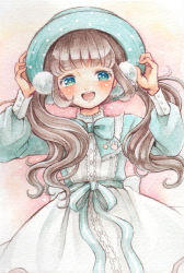 Rule 34 | 1girl, :d, apron, blue bow, blue dress, blue eyes, blue hat, blue neckwear, blunt bangs, blush, bow, brown hair, commentary request, cowboy shot, dress, gradient background, hands on headwear, hat, head tilt, high collar, lolita fashion, looking at viewer, open mouth, original, painting (medium), pink background, polka dot headwear, pom pom (clothes), sakano machi, short hair, smile, solo, teeth, traditional media, twintails, upper teeth only, waist apron, watercolor (medium)