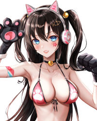 Rule 34 | 1girl, :d, absurdres, animal ear headphones, animal ears, animal hands, arm up, armband, armpits, axent wear, bad id, bad twitter id, bare shoulders, bell, bikini, black choker, black hair, blue eyes, breasts, cat ear headphones, cat ears, choker, cleavage, collarbone, eichi (skskdi12z), facial mark, fake animal ears, front-tie bikini top, front-tie top, gloves, grin, hair ornament, hairclip, halterneck, hand up, headphones, highres, jingle bell, large breasts, long hair, looking at viewer, open mouth, original, paw gloves, paw print, pink bikini, simple background, smile, solo, star (symbol), stomach, string bikini, swimsuit, two side up, upper body, v-shaped eyebrows, white background