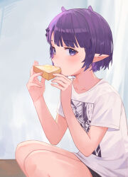 Rule 34 | 1girl, absurdres, bare legs, black shorts, bob cut, bread slice, breasts, commentary, eating, food, food in mouth, highres, hololive, hololive english, kiwwwwwi, mouth hold, ninomae ina&#039;nis, ninomae ina&#039;nis (loungewear), pointy ears, purple eyes, purple hair, shirt, short hair, short shorts, short sleeves, shorts, small breasts, solo, squatting, toast, toast in mouth, virtual youtuber, white shirt