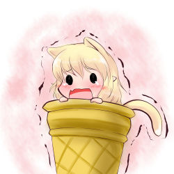 Rule 34 | 1girl, animal ears, blonde hair, blush, cat ears, cat girl, cat tail, chibi, crying, crying with eyes open, extra ears, female focus, food, hoshizuki (seigetsu), ice cream, ice cream cone, in food, kemonomimi mode, mini person, minigirl, mizuhashi parsee, open mouth, pointy ears, puru-see (hoshizuki (seigetsu)), short hair, solo, tail, tears, touhou, trembling