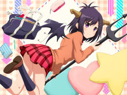 Rule 34 | 1girl, arrow background, bag, black legwear, brown footwear, cardigan, cellphone, checkered background, cushion, demon girl, demon horns, demon wings, earphones, earphones removed, floating, gabriel dropout, hair ornament, hairclip, heart, highres, holding, holding weapon, horns, ishida seito, loafers, long sleeves, looking at viewer, looking back, notebook, panda, paper, pen, pencil case, phone, plaid, plaid skirt, pleated skirt, polearm, purple eyes, purple hair, revision, school bag, school uniform, shoes, skirt, smartphone, smile, solo, star (symbol), topknot, trident, vignette tsukinose april, weapon, wings, x hair ornament, zipper
