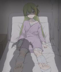 Rule 34 | 1girl, alina gray, alina gray (hospitalized costume), bandage over one eye, bandaged arm, bandaged chest, bandaged leg, bandages, barefoot, bed, green eyes, green hair, hair between eyes, hospital bed, hospital gown, ifpark (ifpark.com), indoors, intravenous drip, long hair, long sleeves, looking at viewer, lying, magia record: mahou shoujo madoka magica gaiden, mahou shoujo madoka magica, misono karin, multicolored hair, official alternate costume, on back, on bed, pillow, shadow, single hair ring, solo, straight hair, streaked hair