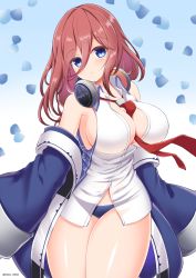 Rule 34 | 1girl, azur lane, bare shoulders, between breasts, blue background, blue eyes, blue jacket, blue panties, blush, breasts, brown hair, cleavage, closed mouth, collared shirt, commentary request, cosplay, cowboy shot, go-toubun no hanayome, gradient background, hair between eyes, headphones, headphones around neck, highres, jacket, kamishiro (rsg10679), large breasts, long hair, long island (azur lane), long island (azur lane) (cosplay), long sleeves, looking at viewer, nakano miku, necktie, necktie between breasts, off-shoulder jacket, off shoulder, panties, partially unbuttoned, red necktie, shirt, sideboob, sidelocks, sleeveless, sleeveless shirt, sleeves past fingers, sleeves past wrists, solo, standing, twitter username, underwear, white background, white shirt