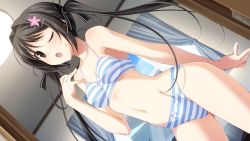 Rule 34 | 1girl, :o, ;o, black hair, blush, bow, bow bra, bow panties, bra, brown eyes, dutch angle, game cg, hair ornament, hair ribbon, indoors, kiss bell, lace, lace bra, lingerie, long hair, miyamae eri, navel, one eye closed, open mouth, panties, ribbon, solo, striped bra, striped clothes, striped panties, takei ooki, twintails, underwear, underwear only, wink