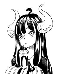 Rule 34 | 1girl, ahoge, artist request, breasts, cup, drawfag, drinking, horns, large breasts, long hair, monochrome, no mask, one piece, straw, ulti (one piece)
