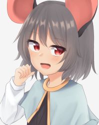 Rule 34 | 1girl, animal ears, blue capelet, capelet, clenched hand, commentary request, dakuazu, fellatio gesture, grey hair, grey vest, jewelry, long sleeves, mouse ears, mouse girl, nazrin, necklace, open mouth, red eyes, shirt, short hair, simple background, solo, touhou, upper body, vest, white background, white shirt