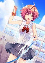 Rule 34 | 1girl, ahoge, black skirt, blush, bow, breasts, collarbone, faucet, holding, holding hose, hose, large breasts, looking at viewer, one eye closed, open mouth, original, pink eyes, pink hair, red bow, short hair, skirt, smile, solo, tsunoshima kujira, wet, wet clothes