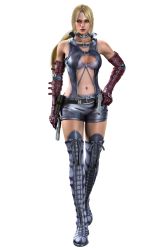 Rule 34 | 1girl, 3d, belt, blonde hair, breasts, buckle straps, cleavage, death by degrees, dual wielding, elbow gloves, gloves, gun, highres, holding, holster, laceups, namco, navel, nina williams, official art, ponytail, solo, tekken, tekken 2, tekken 3, tekken 4, tekken 5 (dark resurrection), tekken tag tournament, thighhighs, weapon